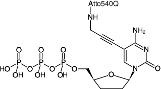 Structural formula of 5-Propargylamino-ddCTP-ATTO-540Q (5-Propargylamino-2',3'-dideoxycytidine-5'-triphosphate, labeled with ATTO 540Q, Triethylammonium salt)