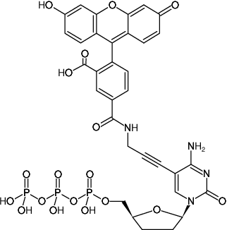 Structural formula of 5-Propargylamino-ddCTP-5-FAM (5-Propargylamino-2',3'-dideoxycytidine-5'-triphosphate, labeled with 5 FAM, Triethylammonium salt)