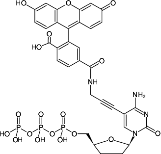 Structural formula of 5-Propargylamino-ddCTP-6-FAM (5-Propargylamino-2',3'-dideoxycytidine-5'-triphosphate, labeled with 6 FAM, Triethylammonium salt)