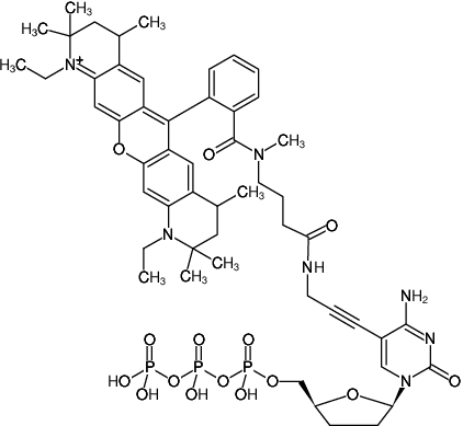 Structural formula of 5-Propargylamino-ddCTP-ATTO-Rho12 (5-Propargylamino-2',3'-dideoxycytidine-5'-triphosphate, labeled with ATTO Rho12, Triethylammonium salt)