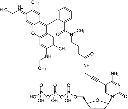 Structural formula of 5-Propargylamino-ddCTP-ATTO-Rho6G (5-Propargylamino-2',3'-dideoxycytidine-5'-triphosphate, labeled with ATTO Rho6G, Triethylammonium salt)