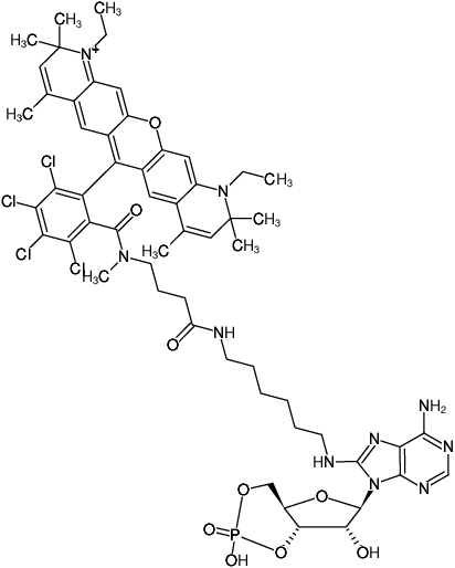 Structural formula of 8-(6-Aminohexyl)-amino-cAMP-ATTO-Rho14 (8-(6-Aminohexyl)-amino-adenosine-3',5'-cyclic monophosphate, labeled with ATTO Rho14, Triethylammonium salt)