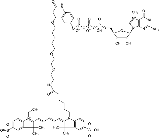 Structural formula of m7GTP-γ-aminophenyl-PEG4 - Cy5 (7-Methylguanosine-5'-[γ-(4-aminophenyl)-PEG4]-5'-triphosphate - Cy5, Triethylammonium salt)