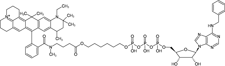 Structural formula of γ-(6-Aminohexyl)-N6-Benzyl-ATP-ATTO-647N (γ-(6-Aminohexyl)-N6-benzyl-adenosine-5'-triphosphate, labeled with ATTO 647N, Triethylammonium salt)