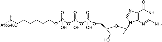 Structural formula of γ-(6-Aminohexyl)-dGTP-ATTO-540Q (γ-(6-Aminohexyl)-2'-deoxyguanosine-5'-triphosphate, labeled with ATTO 540Q, Triethylammonium salt)